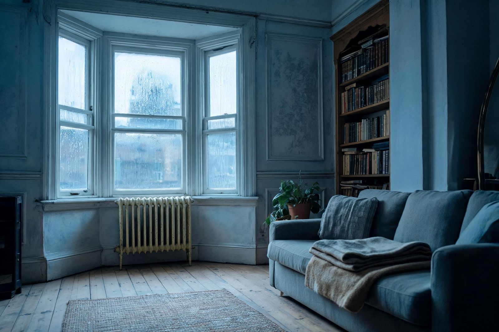 A cold Victorian terraced living room in blue winter light, with condensation on the bay window and a small old radiator beneath it