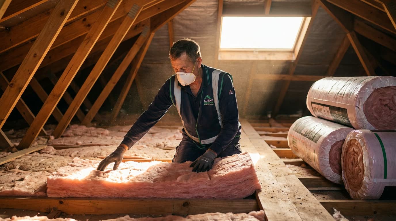 Installer fitting ceiling insulation in a UK roof