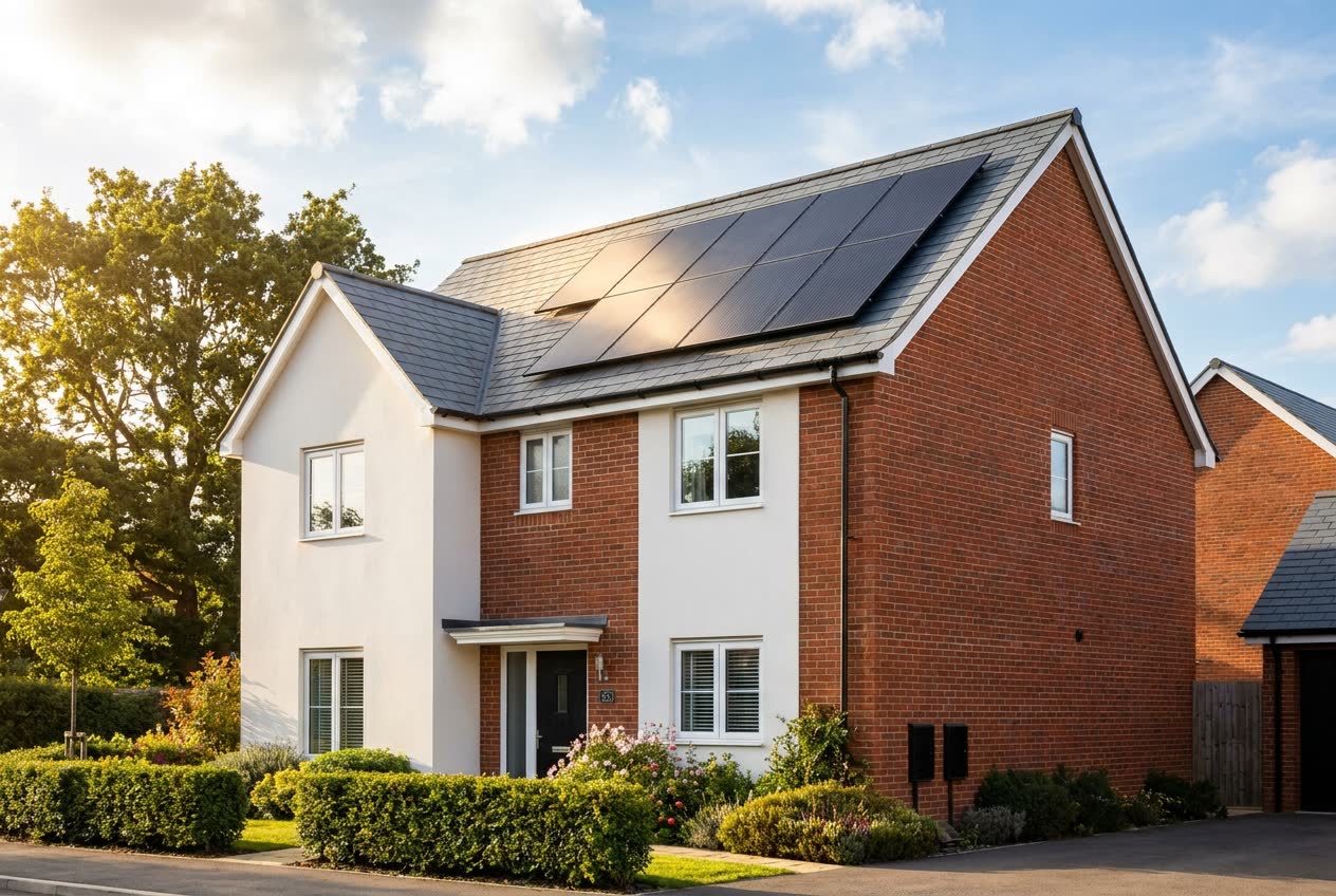 Black solar panels fitted across the slate roof of a modern UK home on a bright summer day