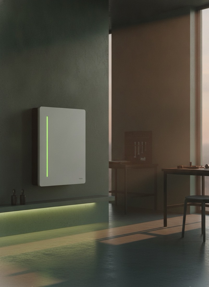 Wall-mounted home battery with charge indicator