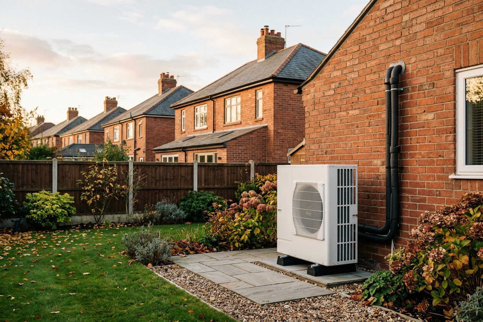 A modern white air source heat pump beside a British red-brick home, with a row of semi-detached houses and slate roofs behind it