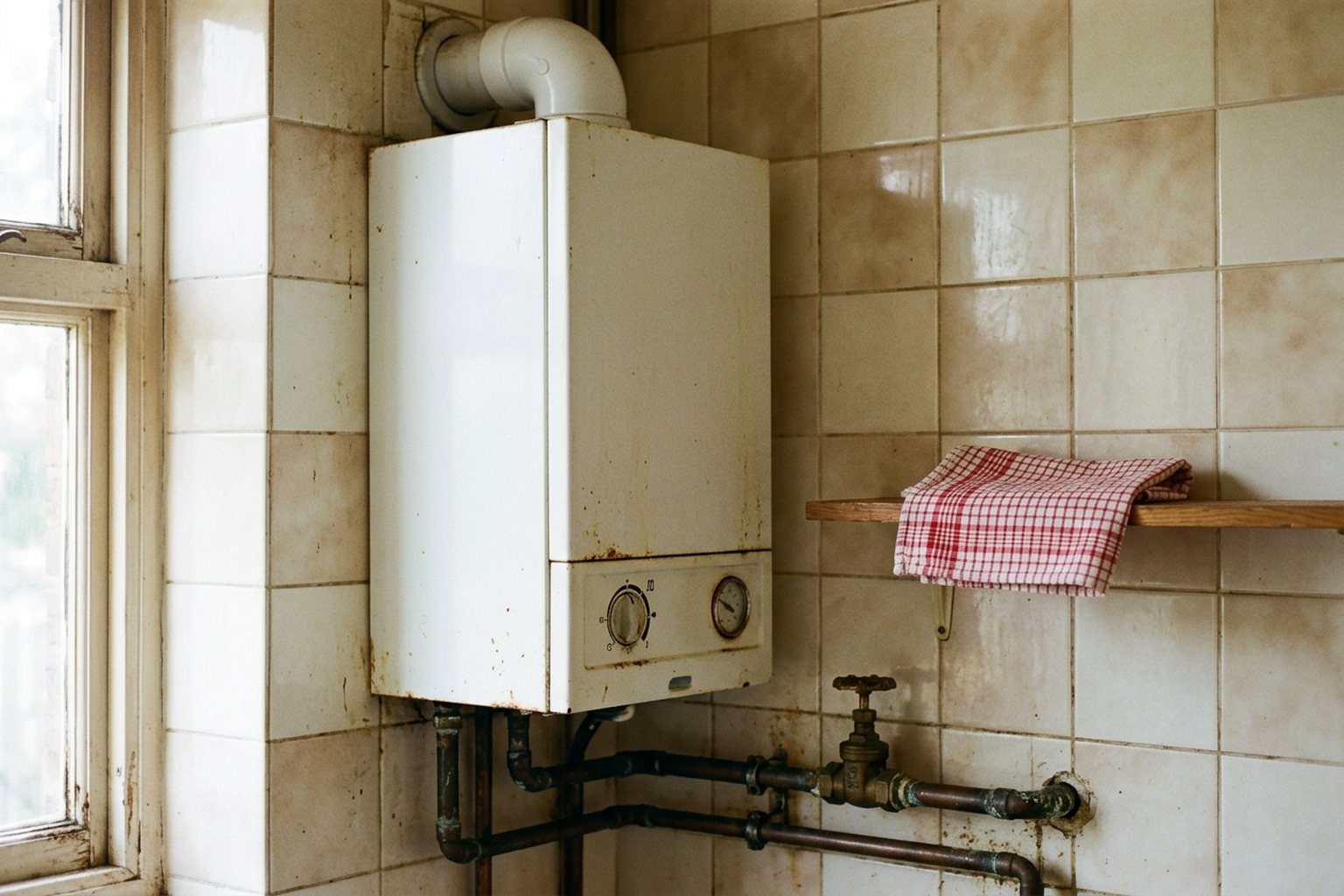An old full-size gas combi boiler, yellowed and rust-spotted, on a dated tiled kitchen wall with tarnished copper pipework below it